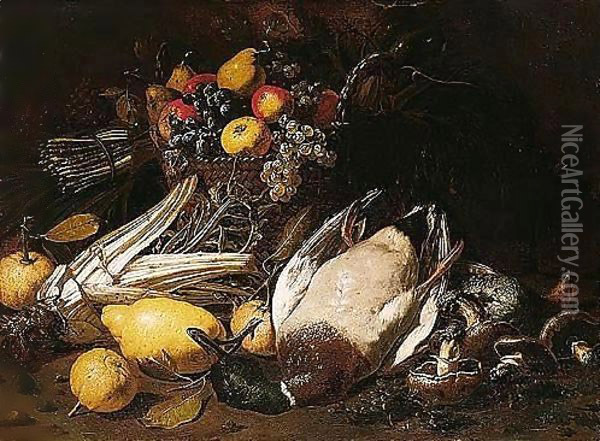 A Still Life Of Fruit In A Straw Basket, Together With Asparagus, Artichokes, Cardoons, Lemons, Mushrooms And A Duck Oil Painting - Tommaso Salini (Mao)