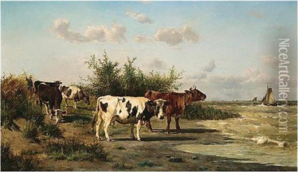 Emile , Cattle At Water's Edge, Falsely Signed, Oil On Canvas, 76 X 127 Cm.; 30 X 50 In Oil Painting - Emile Van Damme-Sylva