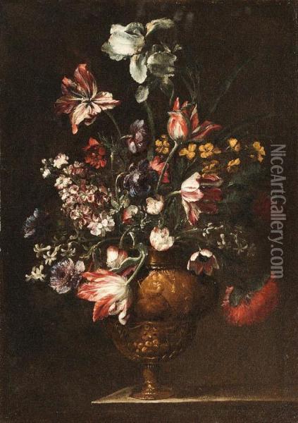 Tulips, Roses, Carnations And Other Flowers In Bronze Vases Onstone Ledges Oil Painting - Bartolome Perez