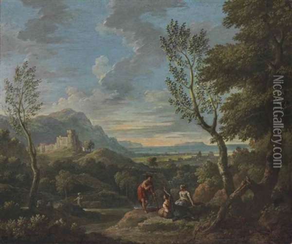 An Extensive Classical Landscape With Shepherds And Shepherdesses, A Fortified Town Beyond Oil Painting - Jan Frans van Bloemen