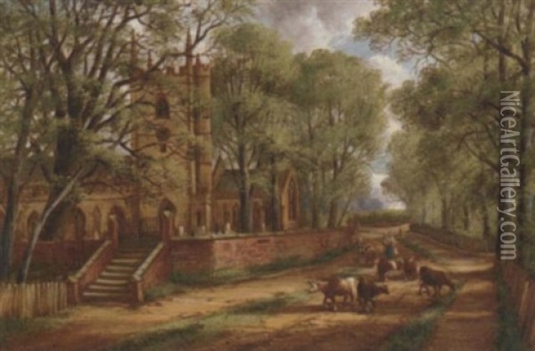 A Milkmaid With Cattle Before A Church Oil Painting - John Joseph Hughes