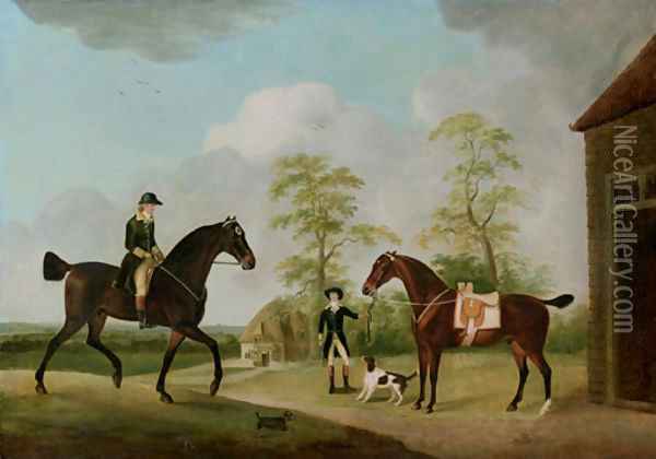 A Master of Foxhounds, said to be a Member of the Bowes Family, with an Attendant, a Saddled Bay Hunter and a Hound Oil Painting - Francis Sartorius