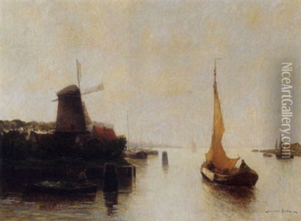 Boats On A River Nearby A Windmill Oil Painting - German Grobe