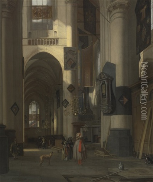 A Church Interior With Elements Of The Oude Kerk And Nieuwe Kerk In Amsterdam, The Epitaph Of Cornelis Johannes De Haan To The Right Oil Painting - Emanuel de Witte
