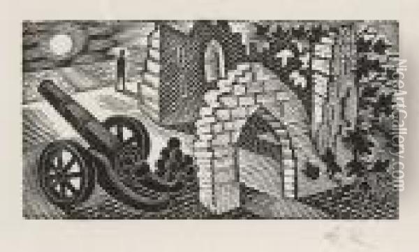 Figure And Canon Beside Ruins Oil Painting - Eric Ravilious