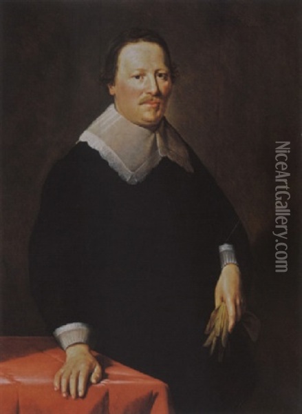 A Portrait Of A Gentleman, Aged 47, Wearing A Black Costume With White Lace Cuffs And Collar, Holding Gloves In His Left Hand Oil Painting - Hendrick Bloemaert