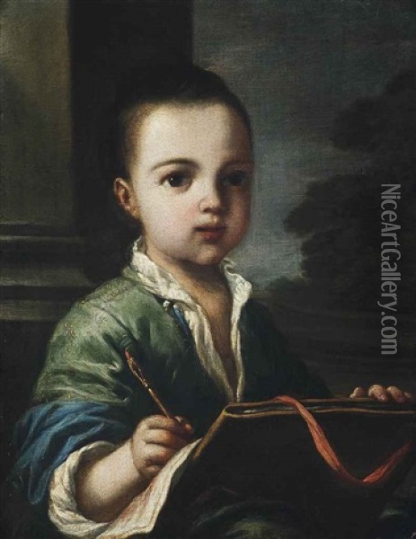 Portrait Of A Boy, Half-length, A Chalk Pen In His Right Hand, A Landscape Beyond Oil Painting - Antonio Mercurio Amorosi