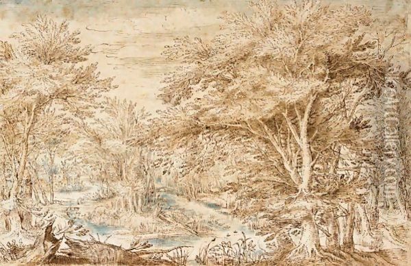 Heavily Wooded Landscape With A Distant Castle By A Stream Oil Painting - Denys Van Alsloot