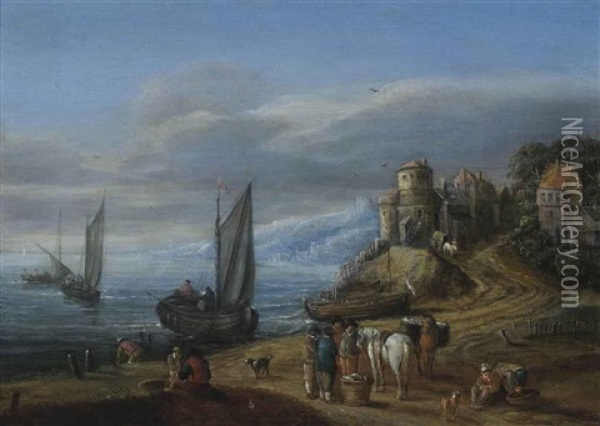 A Coastal Landscape With Figures Conversing By A Shore Oil Painting - Joseph van Bredael