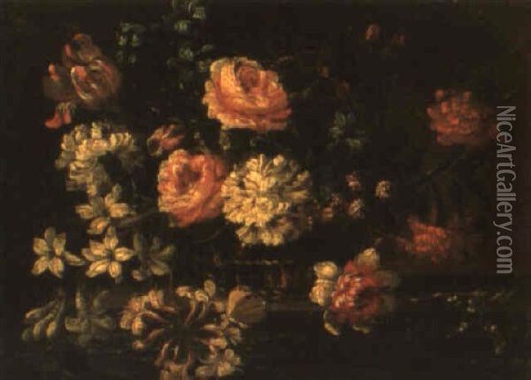 Still Life Of Roses And Other Flowers In A Basket On A Ledge Oil Painting - Jean-Baptiste Monnoyer