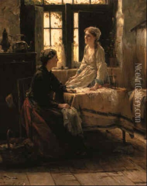 Girls In A Cottage Interior Oil Painting - Edward Antoon Portielje