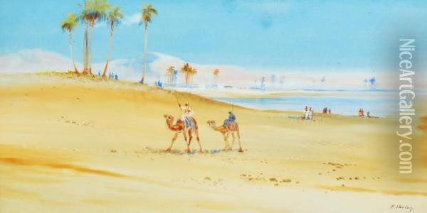 Camels In The Desert Coastal Town And Palm Trees Oil Painting - Albert Fleetwood Varley