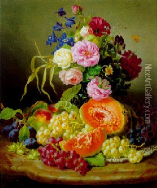 Blumenstuck Mit Fruchten Und Blumen, Umgeben Von Haselnussen Und Trauben Oil Painting - Josef Lauer