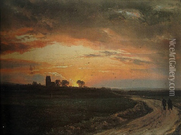 Landscape Near Lippe At Sunset Oil Painting - Johan Christian Dahl