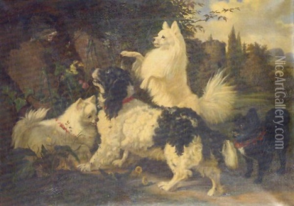 Dogs Startled A Wild Cat In Wooded Landscape Oil Painting - Johann Friedrich Wilhelm Wegener