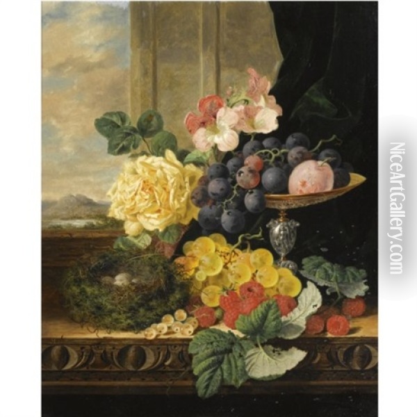 Black And Golden Hambro Grapes, Gloire Di Dijon Rose, Geranium, Tazza, Linnet's Nest And Raspberries Oil Painting - Edward Ladell