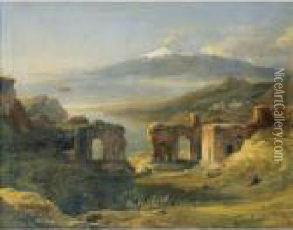Vue Du Theatre De Taormine [view
 Of The Theatre Of Taormina (sicily); Oil On Canvas, Signed, Located And
 Dated Geneve 1821] Oil Painting - Achille-Etna Michallon