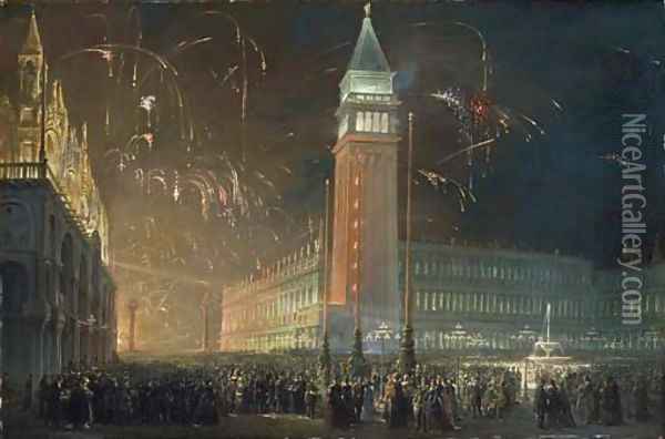 A fireworks display over Saint Mark's Square, Venice Oil Painting - Francesco Zanin