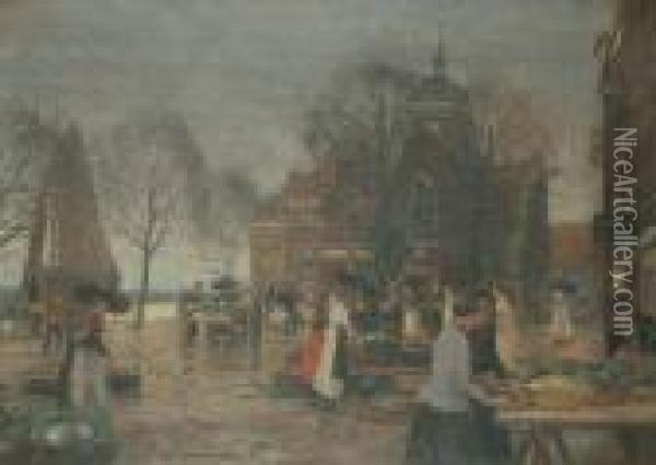 A Busy Market Square. Oil Painting - Heinrich Hermanns