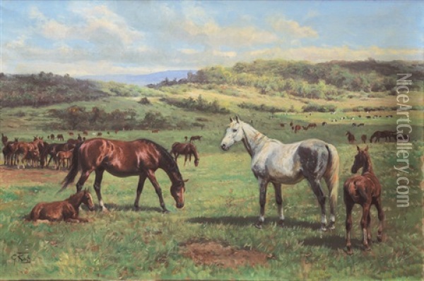 Horses Out At Feed Oil Painting - Georg Karl Koch