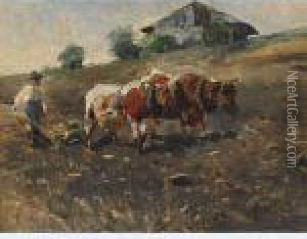 Ploughing With Oxen Oil Painting - Franz Roubaud