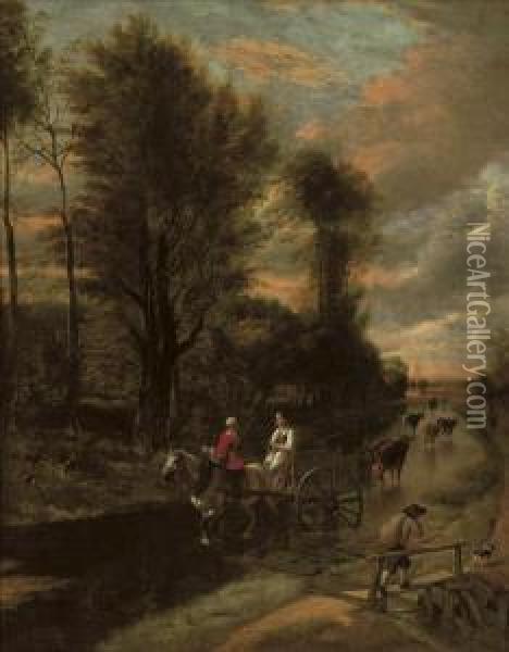 A Horse-drawn Cart With Two Women Travelling Down A Flooded Road At The Edge Of A Wood Oil Painting - Jan Siberechts