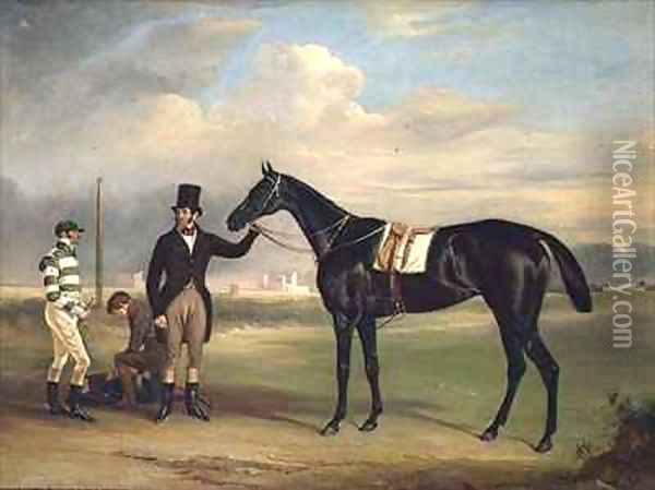 Pussy a dark brown racehorse with his trainer Old John Day Mr T Cosby and W B Day at Epsom Oil Painting - John Snr Ferneley