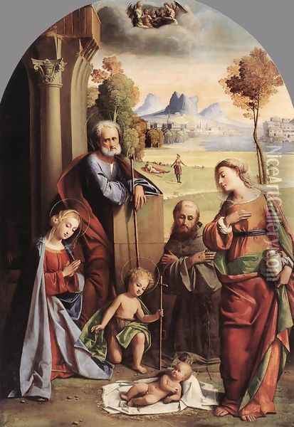 Nativity with Saints 1520s Oil Painting - Giovanni Battista Benvenuti (see Ortolano)