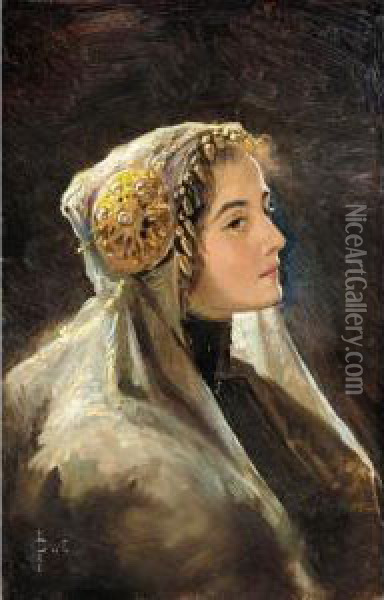 Russian Beauty In Traditional Headdress Oil Painting - Sergei Sergeevich Solomko