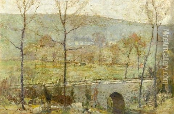 An Autumn Landscape With A Bridge Over A Stream Oil Painting - Chauncey Foster Ryder