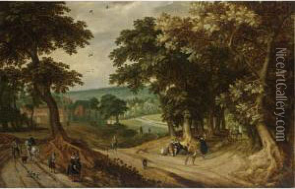 An Extensive Wooded Landscape With Elegant Figures Walking And Resting Together With Sportsmen And Their Dogs, A Town Beyond Oil Painting - Willem Van Den Bundel
