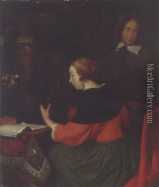 A Lady Making Music With A Youth In An Interior Oil Painting - Gerard ter Borch the Younger