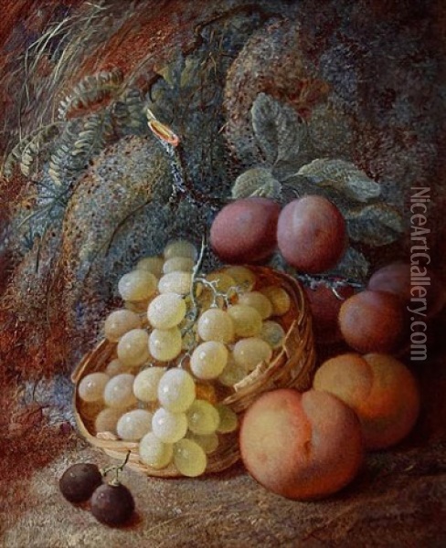 Green Grapes In A Basket, Plums, Peaches And Black Grapes Against A Mossy Bank Oil Painting - Vincent Clare