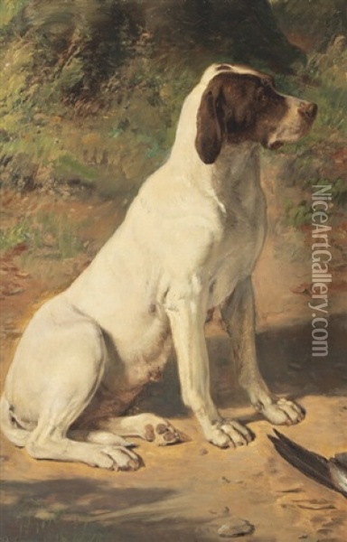 A Danish Pointer Oil Painting - Jorgen Roed
