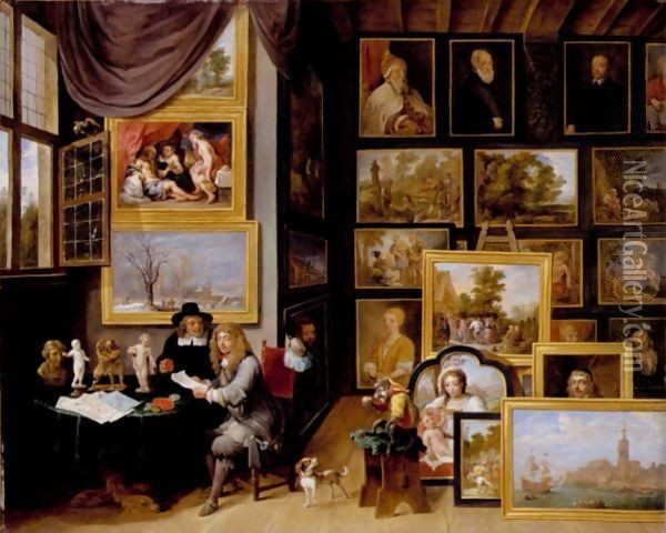 A Picture Gallery With Two Men Examining A Seal And A Red Chalk Drawing And A Monkey Present Oil Painting - David The Younger Teniers