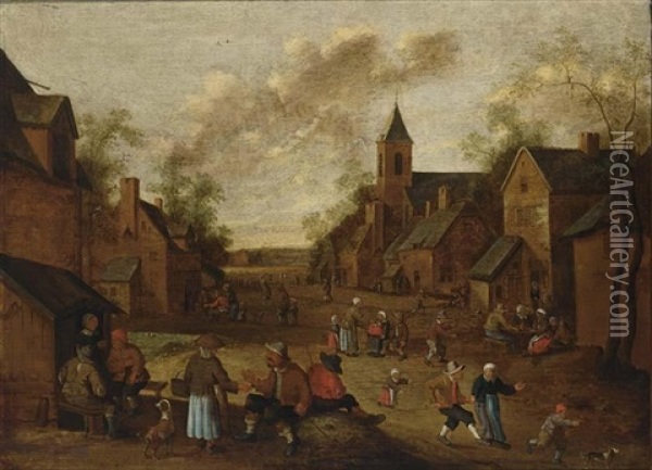 A Village Street With Peasants Conversing And Drinking Near An Inn, A Church To The Right Oil Painting - Cornelis Droochsloot