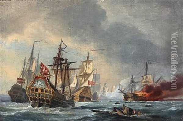 Slaget Ved Oland D. 1. Juni The Battle At Oland June 1 1676 Oil Painting - Carl Johann Neumann
