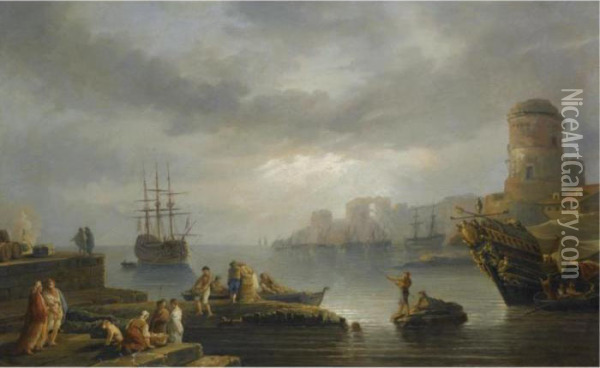 A Coastal Scene With Figures 
Unloading Goods From A Boat And A Harbour Beyond To The Right Oil Painting - Claude-joseph Vernet