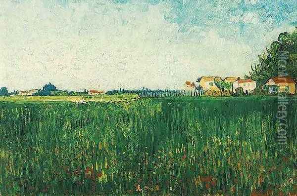 Farmhouses In A Wheat Field Near Arles Oil Painting - Vincent Van Gogh