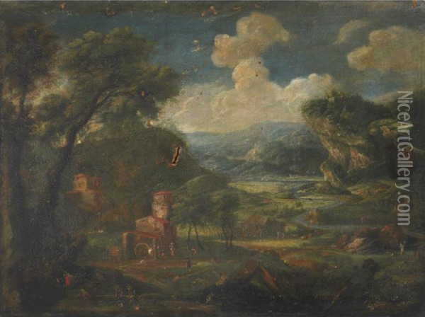 Extensive Landscape With Townsfolk Oil Painting - Francesco Zuccarelli
