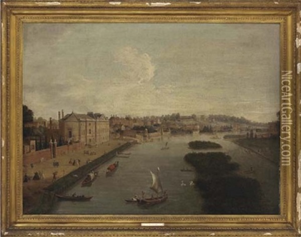 A View Of The Thames At Richmond And Cholmondeley House, With Elegant Figures On Cholmondeley House Walk Oil Painting - Antonio Joli