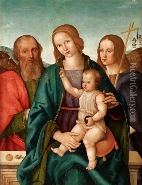 Den Heliga Familjen Med Johannes Doparen Oil Painting - Pietro Perugino