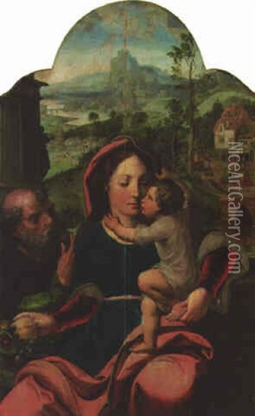 The Holy Family, With The Flight Into Egypt Oil Painting - Pieter Coecke van Aelst the Elder
