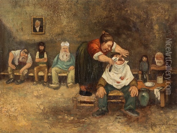 At The Barber Shop Oil Painting - Jean Veber