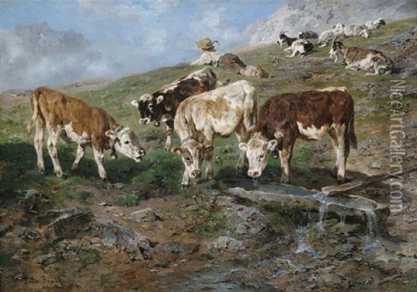 Jungvieh Am Klausenpas Oil Painting - Anton Braith