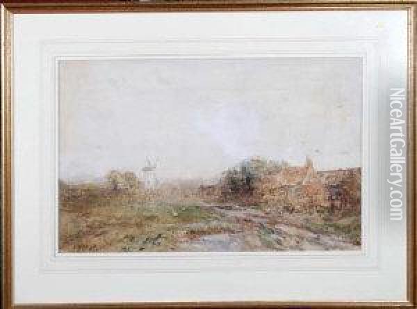 Country Landscape With A Farmhouse And A Windmill Oil Painting - John Falconar Slater