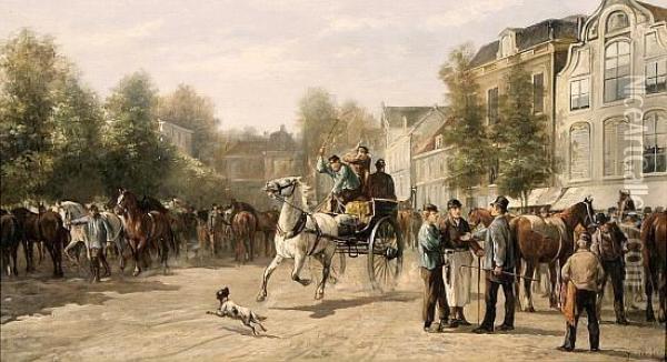 Franzosische Pferdehandler Auf Belebtem Marktplatz Oil Painting - Felix Dominique De Vuillefroy