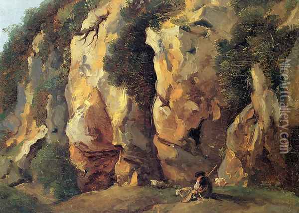Rocky Cliff with Shepherd and Sheep Oil Painting - Jean Antoine Constantin