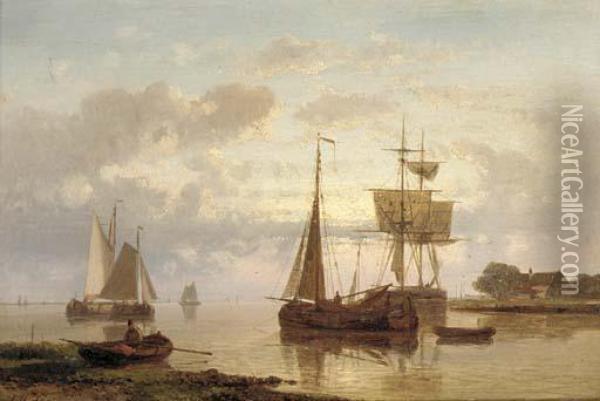 Dutch Barges In A Harbour Oil Painting - Abraham Hulk Jun.