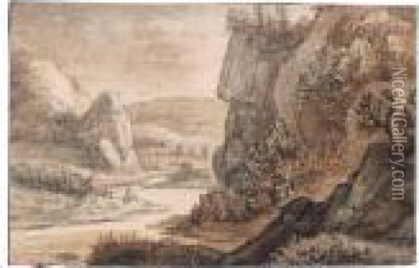 Sketchbook Page With A Mountainous River Landscape And Figures In The Bend Of The River Oil Painting - Anthonie Waterloo